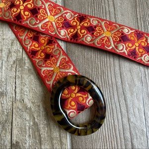 Brocade woven orange fabric belt tortoise shell buckle closure